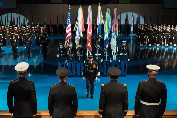 The colors are presented during the change of responsibility ceremony for the Senior Enlisted Advisor to the Chairman of the Joint Chiefs of Staff in Conmy Hall on Joint Base Myer-Henderson Hall, Va., Dec. 11, 2015. U.S. Army Command Sgt. Maj. John W. Troxell is now the third senior enlisted advisor to the chairman of the Joint Chiefs of Staff and most recently served as the senior enlisted advisor for U.S. Forces in Korea.