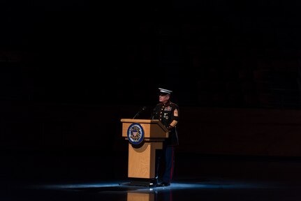 U.S. Marine Corps Sgt. Maj. Bryan B. Battaglia speaks at his retirement and change of responsibility ceremony in Conmy Hall on Joint Base Myer-Henderson Hall, Va., Dec. 11, 2015. Battaglia was the Senior Enlisted Advisor to the Chairman of the Joint Chiefs of Staff from 2011 to 2015 before turning the position over to U.S. Army Command Sgt. Maj. John W. Troxell earlier in the ceremony.