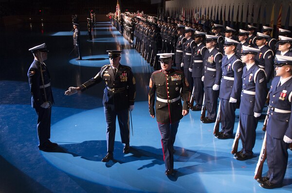 U.S. Marine Corps Sgt. Maj. Bryan B. Battaglia conducts a pass in review at his retirement and change of responsibility ceremony in Conmy Hall on Joint Base Myer-Henderson Hall, Va., Dec. 11, 2015. Battaglia was the Senior Enlisted Advisor to the Chairman of the Joint Chiefs of Staff from 2011 to 2015 before turning the position over to U.S. Army Command Sgt. Maj. John W. Troxell earlier in the ceremony.