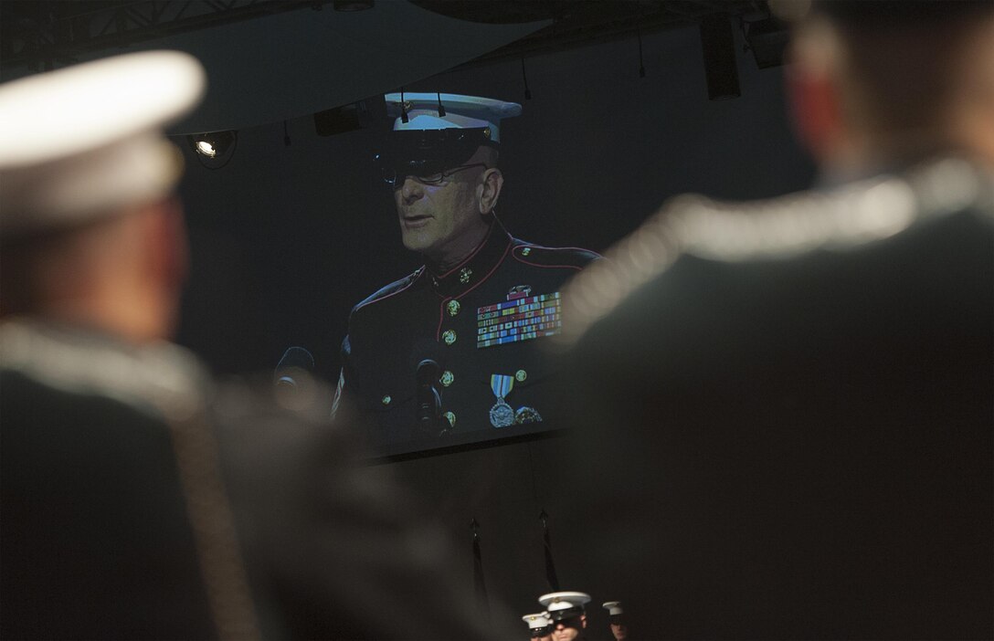 Marine Corps Sgt. Maj. Bryan B. Battaglia makes remarks during his retirement and change of responsibility ceremony on Joint Base Myer-Henderson Hall, Va., Dec. 11, 2015. Battaglia was the second senior enlisted advisor to the chairman of the Joint Chiefs of Staff from 2011 to 2015. Army Command Sgt. Maj. John W. Troxell was sworn in as the third during the ceremony. DoD photo by Navy Petty Officer 2nd Class Dominique A. Pineiro