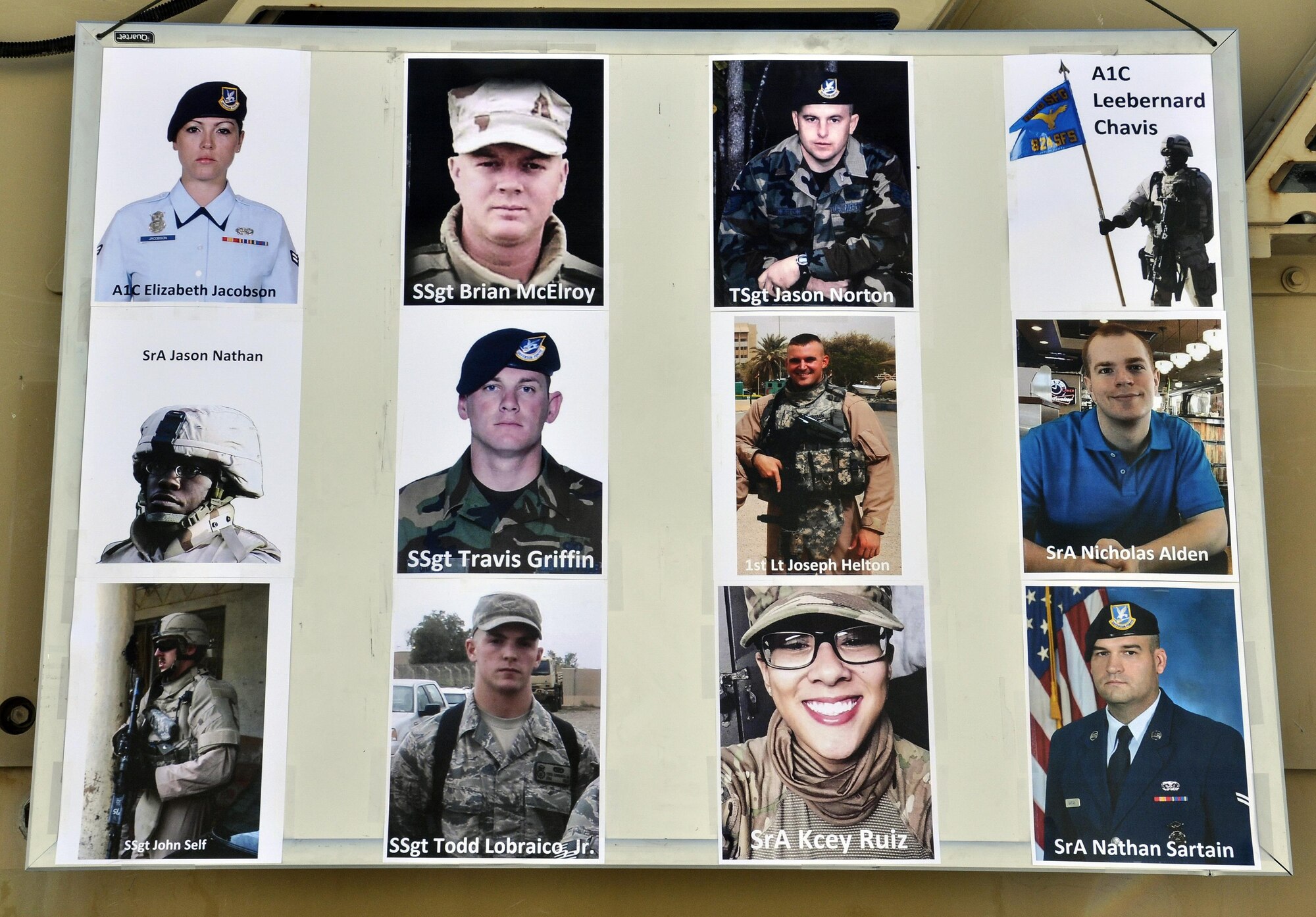 A collage of the 12 fallen Defenders hanging at the start of the “Ruck to Remember,” a 12-kilometer ruck march at Bagram Airfield, Afghanistan Dec. 12, 2015. The event was designed to honor the sacrifices these Defenders made and to celebrate their lives. (U.S. Air Force photo by Tech. Sgt. Nicholas Rau/Released)