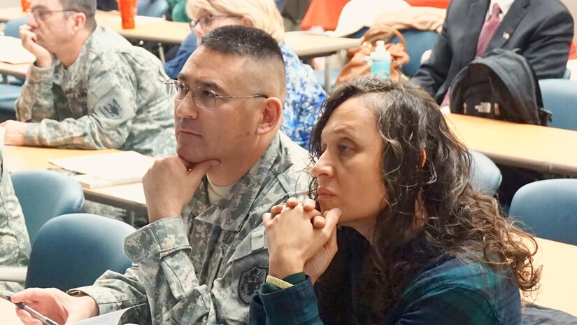 Colonel Donald Okura, a Soldier from USARE OJCS and his wife listen to information during a Pre-Retirement Services brief at the Lexington, Ky. VA Medical Center Dec. 5. The 81st RSC hopes to partner with the VA for all future briefs in order to provide better service to retiring Servicemembers.