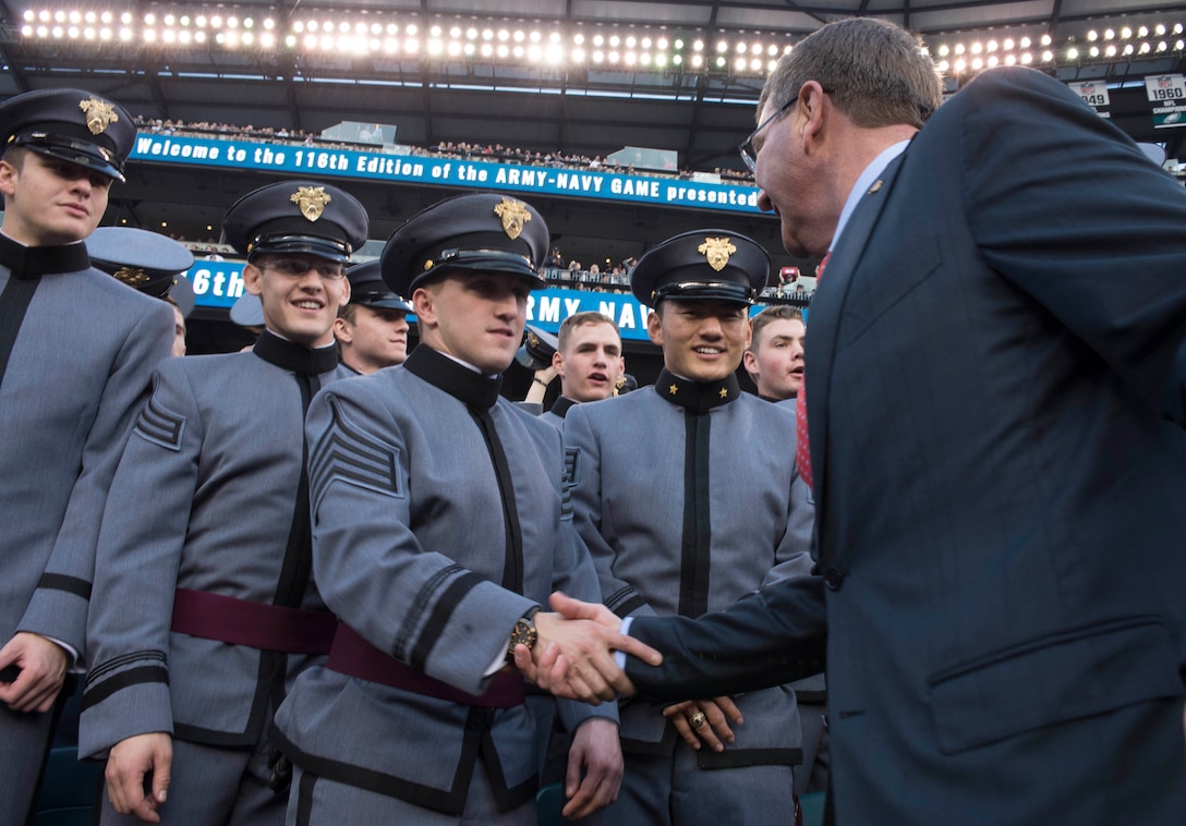 Defense Secretary Ash Carter meets U.S. Military Academy cadets at the 2015 Army-Navy football game in Philadelphia, Dec. 12, 2015. DoD photo by Navy Petty Officer 1st Class Tim D. Godbee