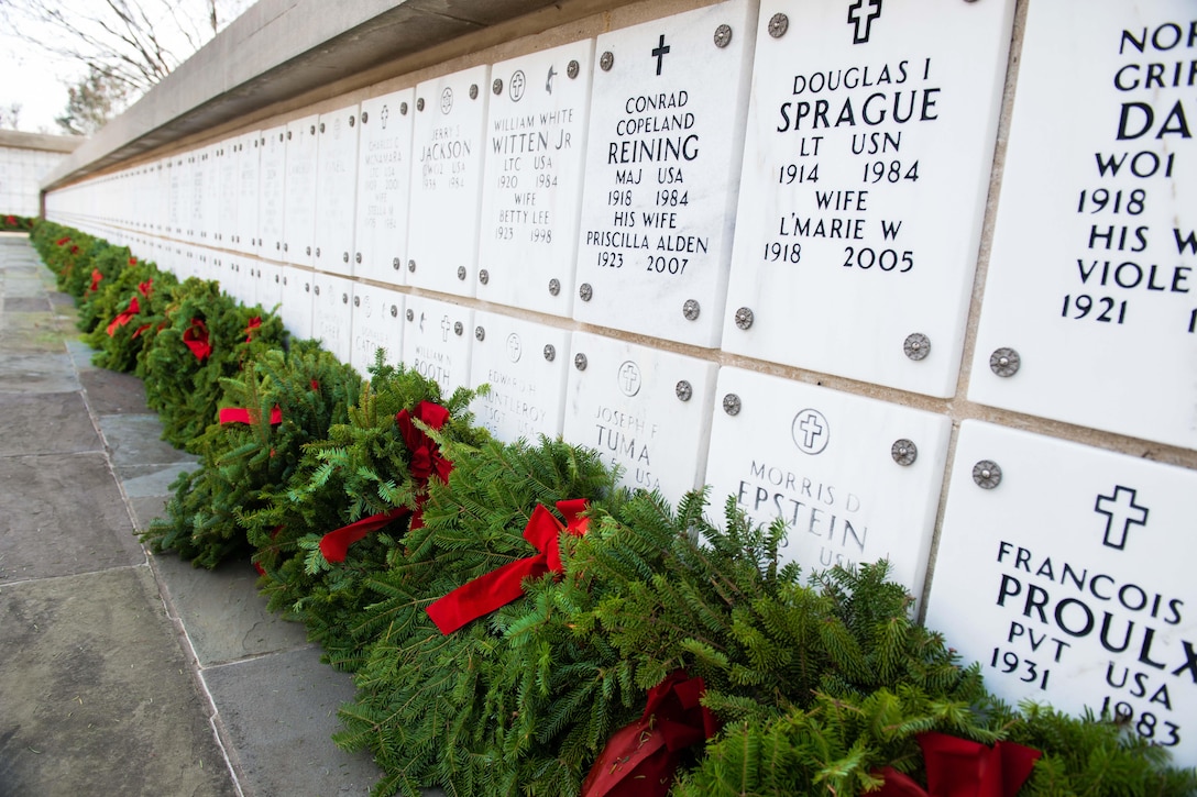 Wreaths lay in the columbarium following the annual Wreaths Across America event in Arlington National Cemetery in Arlington, Va., Dec. 12, 2015. U.S. Army photo by Rachel Larue