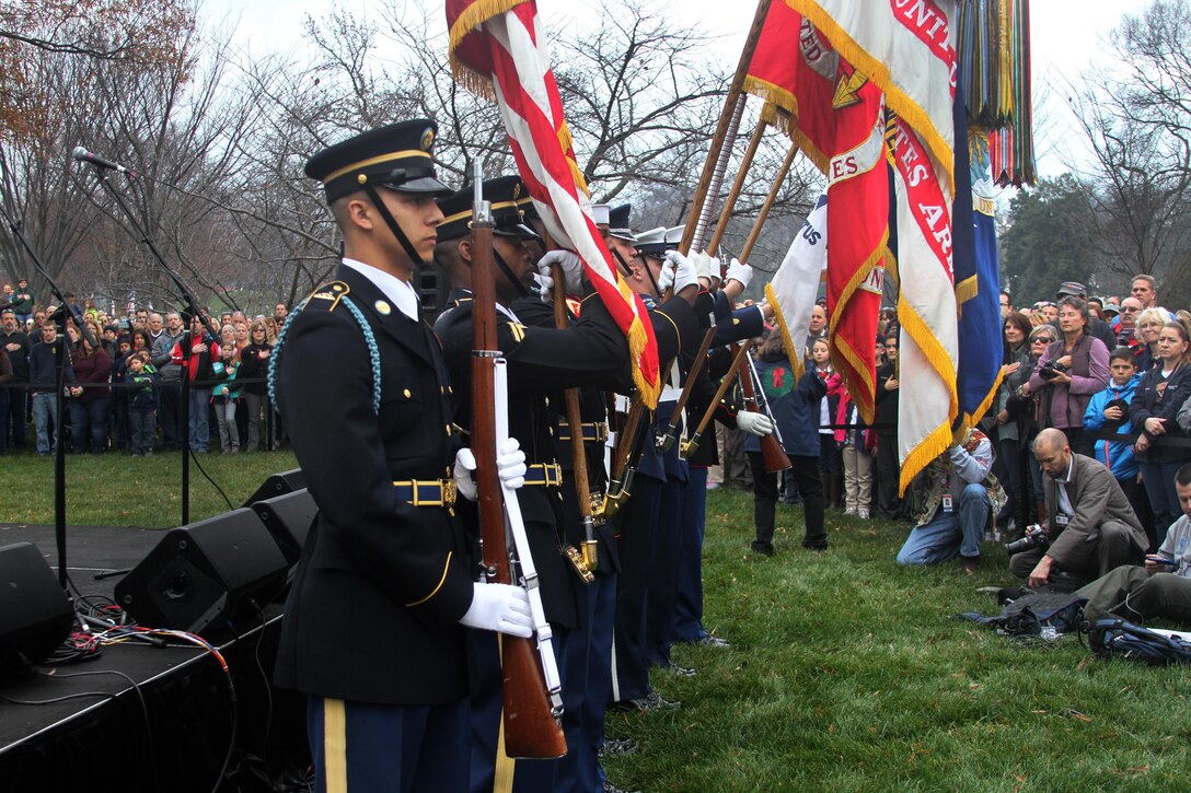 A Joint color guard presents the colors before opening remarks during Wreaths Across America in Arlington National Cemetery in Arlington, Va., Dec. 12, 2015. DoD photo by Sebastian Sciotti Jr.