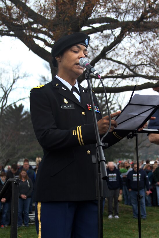 Army Lt. Col. Grace Hollis, senior chaplain assigned to Arlington National Cemetery, gives an invocation before opening remarks during Wreaths Across America in Arlington National Cemetery in Arlington, Va., Dec. 12, 2015. DoD photo by Sebastian Sciotti Jr.