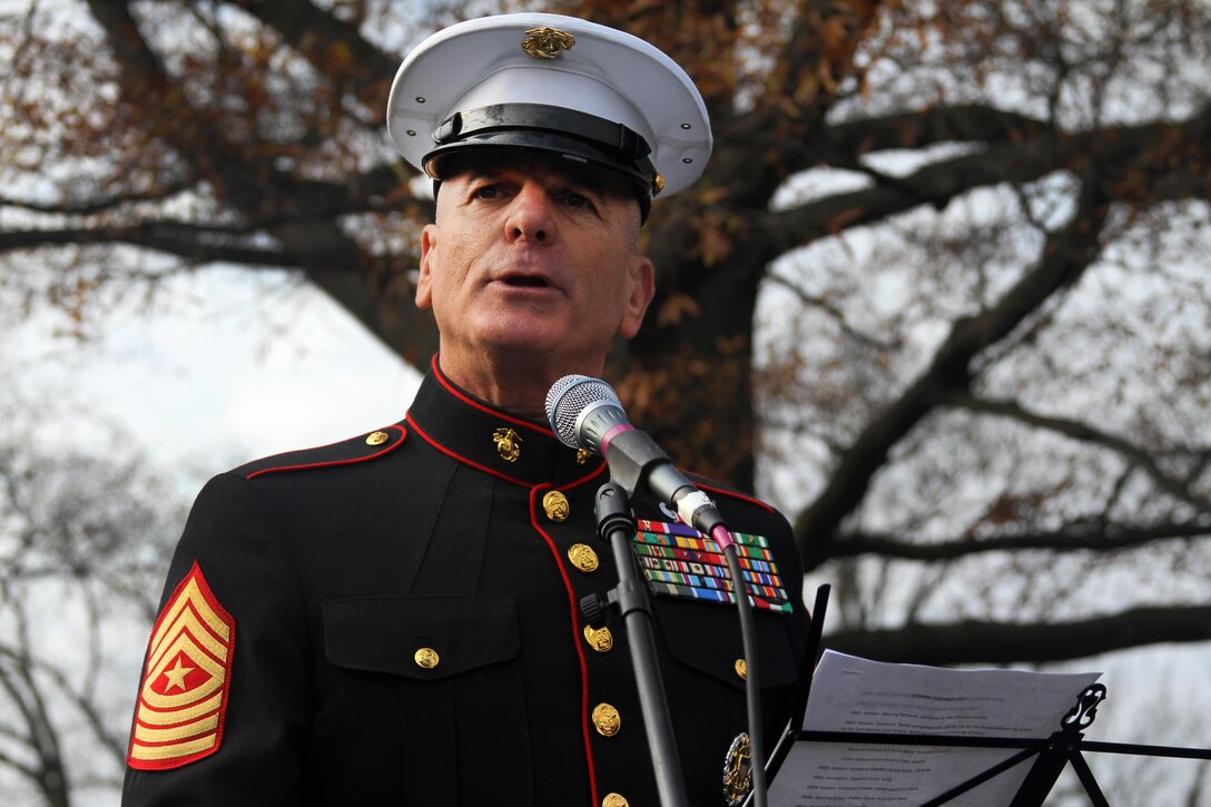 Retired Marine Corps Sgt. Maj. Bryan B. Battaglia, former senior enlisted advisor to the chairman of the Joint Chiefs of Staff, speaks to thousands of volunteers during the opening ceremony for the annual Wreaths Across America event at Arlington National Cemetery in Arlington, Va., Dec. 12, 2015. DoD photo by Sebastian Sciotti Jr.