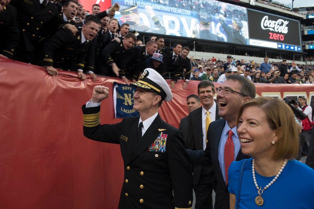 Defense Secretary Ash Carter greets Naval Academy Midshipmen at the 2015 Army-Navy football game in Philadelphia, Dec 12, 2015. DoD photo by Petty Officer 1st Class Tim D. Godbee
