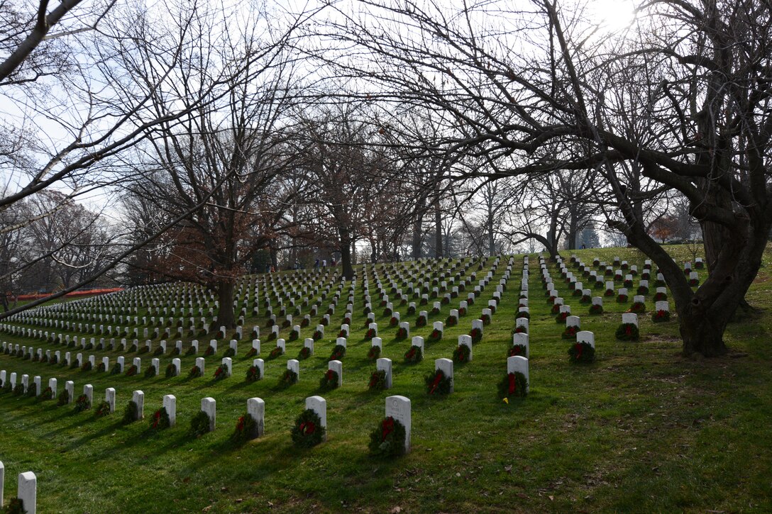 Wreaths adorn graves of fallen service members along a hillside following the annual Wreaths Across America event in Arlington National Cemetery in Arlington, Va., Dec. 12, 2015. DoD photo by Sebastian Sciotti Jr.
