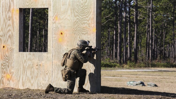 A Marine with 3rd Battalion, 6th Marine Regiment, fires on a target down range during a battalion exercise at Marine Corps Base Camp Lejeune, N.C., Dec. 10, 2015. The battalion-wide exercise will prepare the battalion for their upcoming participation in Talon Exercise, held at Marine Corps Air Station Yuma, Ariz. 