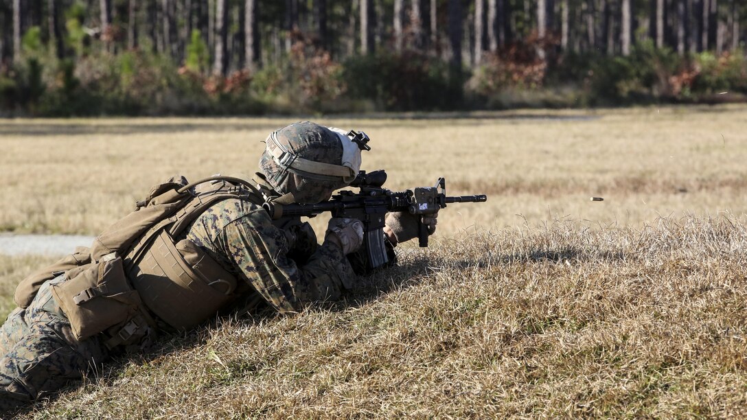 A Marine with 3rd Battalion, 6th Marine Regiment, fires on a target down range during a battalion exercise at Marine Corps Base Camp Lejeune, N.C., Dec. 10, 2015. The battalion-wide exercise will prepare the battalion for their upcoming participation in Talon Exercise, held at Marine Corps Air Station Yuma, Ariz. 