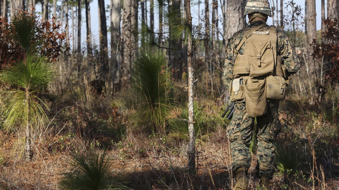 A Marine with 3rd Battalion, 6th Marine Regiment, conducts a patrol during a battalion exercise at Marine Corps Base Camp Lejeune, N.C., Dec. 10, 2015. The battalion-wide exercise will prepare the battalion for their upcoming participation in Talon Ex, held at Marine Corps Air Station Yuma, Ariz. 