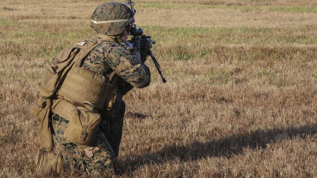 A Marine with 3rd Battalion, 6th Marine Regiment, fires on a target down range during a battalion exercise at Marine Corps Base Camp Lejeune, N.C., Dec. 10, 2015. The battalion-wide exercise will prepare the battalion for their upcoming participation in Talon Exercise, held at Marine Corps Air Station Yuma, Ariz. 