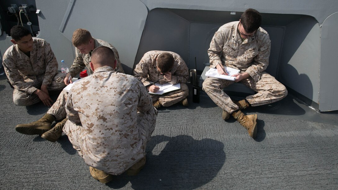 U.S. Marines with the 120mm Mortar Platoon, Battalion Landing Team 2/6, 26th Marine Expeditionary Unit, embarked aboard the amphibious transport dock ship USS Arlington, receive and record information from the forward observers for a notional fire mission during mission processing training in the Gulf of Aden, Dec. 8, 2015. The platoon conducts training while afloat in order to maintain readiness to support the 26th MEU. The MEU is deployed to maintain regional security in the U.S. 5th Fleet area of operations.