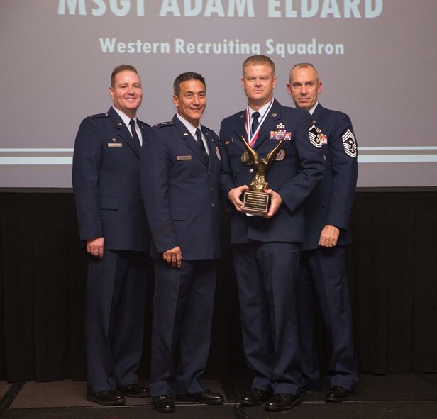 Master Sgt. Adam Eldard, accepts his award for Top Recruiter for Air Force Reserve Command Recruiting Service for FY 15 Nov. 5 at Warner-Robins Air Force Base, Ga. He earned this title for the second year in a row, having met 235% of his annual goal. The recruiting zones for “Team Davis-Monthan include the greater Tucson, Ariz., area, and Holloman Air Force Base, N.M. (Courtesy photo)
