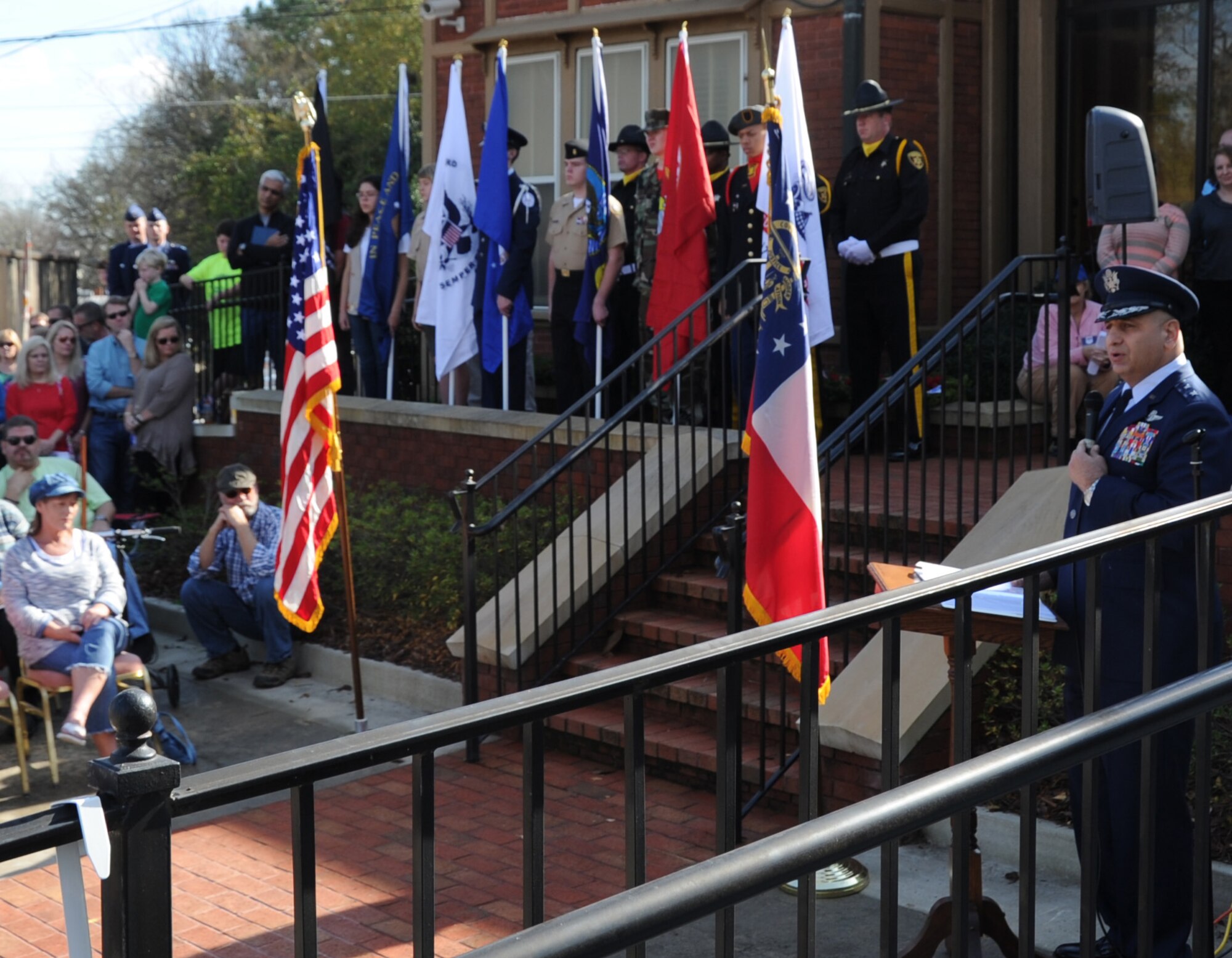 Maj. Gen. Richard S. "Beef" Haddad, vice commander, Air Force Reserve Command, speaks at Wreaths Acorss America ceremony at Riverside Cemetery in Macon, Ga, Dec 12, 2015. Wreaths Across America coordinates wreath laying at veterans' cemeteries across America to honor and remember the sacrifice of veterans. (U.S. Air Force photo by Robert Helton/RELEASED)