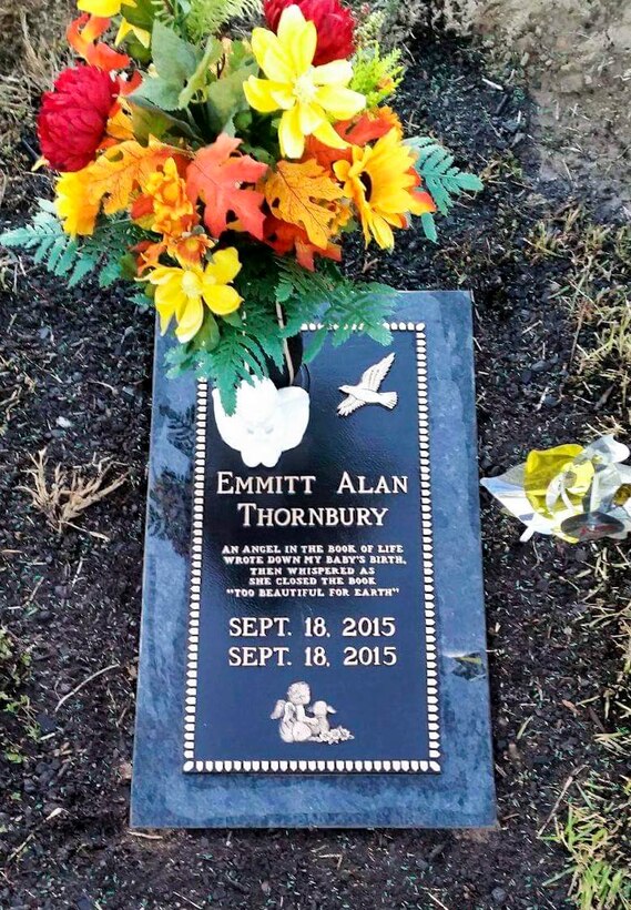 A picture of Emmitt Alan Thornbury’s headstone, son of Airman 1st Class Christopher Thornbury, a 22nd Air Refueling Wing Public Affairs photojournalist, laid to rest in Lebanon, Mo. Emmitt passed away as a result of his deformities caused by his condition, Trisomy 18. (Courtesy photo)