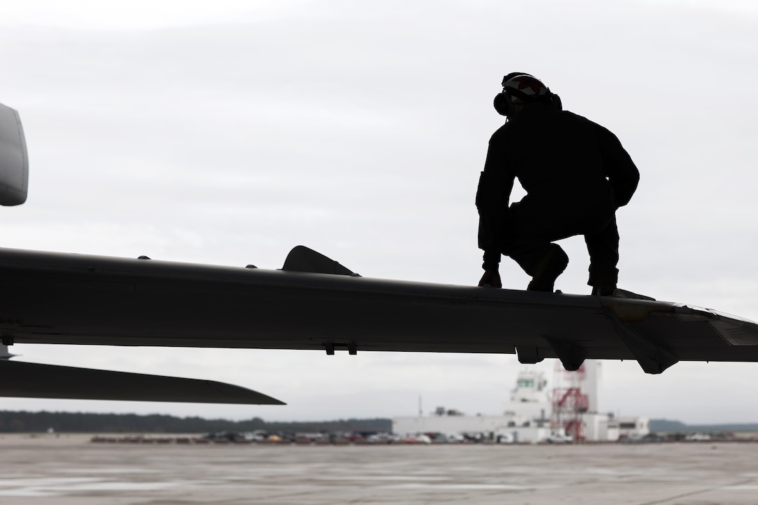 Marine Corps Cpl. Marvin M. Ernest performs a turnaround inspection on an EA-6B Prowler on Marine Corps Air Station Cherry Point, N.C., Dec. 1, 2015. U.S. Marine Corps photo by Lance Cpl. Jered T. Stone