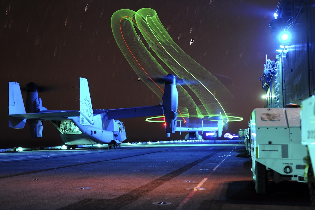 A Marine Corps MV-22 Osprey launches from the USS Boxer during an exercise in the Pacific Ocean, Dec. 12, 2015. The Boxer Amphibious Ready Group is underway off the coast of Southern California completing a certification exercise. U.S. Navy photo by Petty Officer Seaman Eric C. Burgett