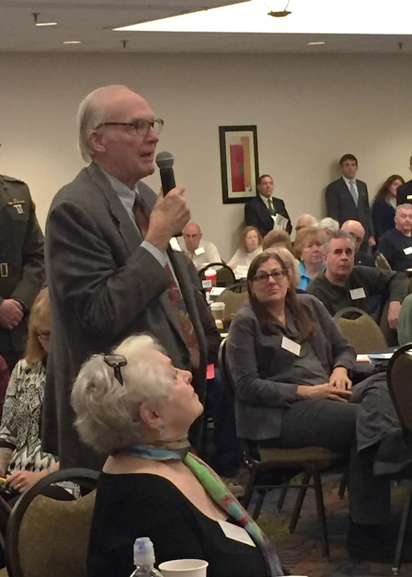 Richard Wheeler talks about his brother, Lt. Wilfrid Wheeler, who was lost in the Korean War, during a government brief hosted by the Defesne POW/MIA Accounting Agency in Portland, Maine, Nov. 14. Wheeler is one of more than 83,000 service members still missing from past wars.