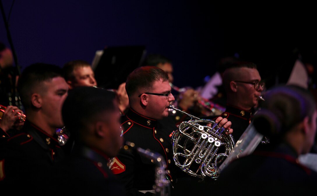 Marines with Marine Corps Band New Orleans perform on stage during their holiday concert, “Santa Meets Sousa,” at Saenger Theater in New Orleans, Louisiana on Dec. 11, 2015. The performance was part of their yearly Toys for Tots tour, where they accepted new, unwrapped toys from audience members to give to less fortunate children during the holiday season. 