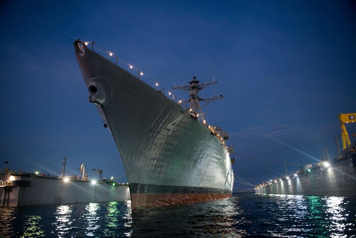 PASCAGOULA, Miss. - The future USS RALPH JOHNSON (DDG 114) was launched at the Huntington Ingalls Industries shipyard Dec. 12. The ship, a Flight IIA destroyer, will be equipped with Aegis Baseline 9 which incorporates Integrated Air and Missile Defense and enhanced Ballistic Missile Defense capabilities. DDG 51 class ships are integral players in global maritime security, engaging in air, undersea, surface, strike and ballistic missile defense.  (Photo courtesy of Huntington Ingalls Industries