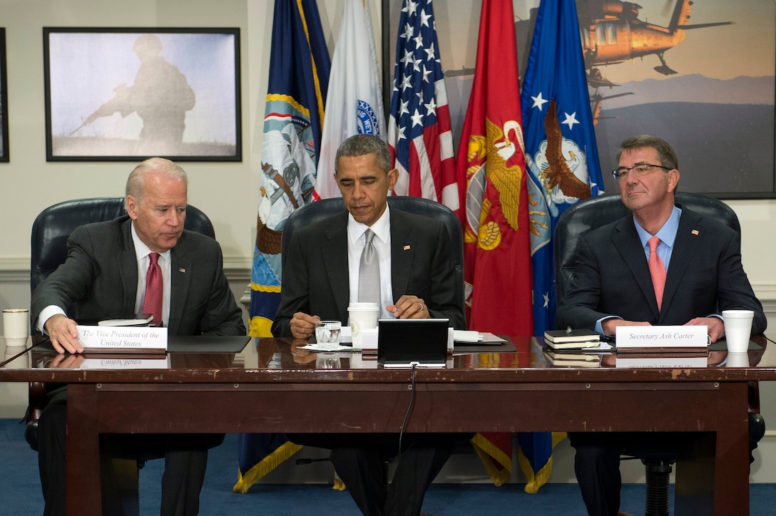 President Barack Obama, center, Vice President Joe Biden, left, and Defense Secretary Ash Carter sit together at the Pentagon, Dec. 14, 2015, as they meet with the National Security Council about the fight against the Islamic State of Iraq and the Levant, or ISIL. DoD photo by Air Force Senior Master Sgt. Adrian Cadiz