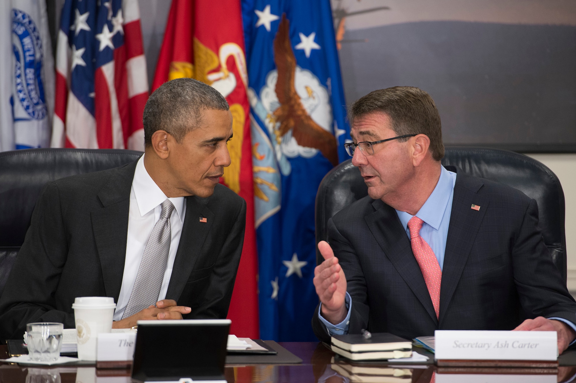 President Barack Obama, left, listens as Defense Secretary Ash Carter comments as they meet with the National Security Council about the fight against the Islamic State of Iraq and the Levant, or ISIL, at the Pentagon, Dec. 14, 2015, DoD photo by Air Force Senior Master Sgt. Adrian Cadiz