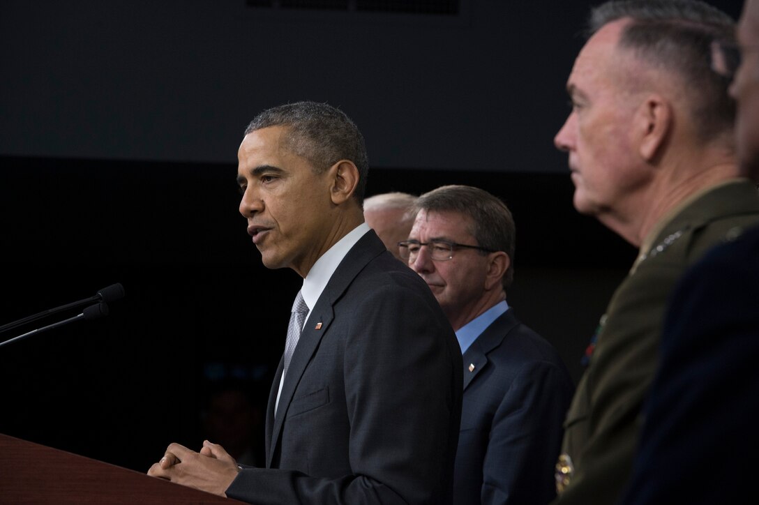 President Barack Obama speaks to reporters after meeting with the National Security Council at the Pentagon, Dec. 14, 2015, about the fight against the Islamic State of Iraq and the Levant, or ISIL. Marine Corps Gen. Joseph F. Dunford Jr., right, chairman of the Joint Chiefs of Staff, and Defense Secretary Ash Carter look on. DoD photo by Air Force Senior Master Sgt. Adrian Cadiz