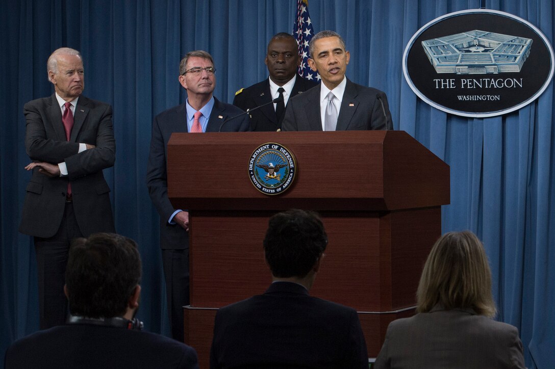 President Barack Obama speaks to reporters after meeting with the National Security Council at the Pentagon, Dec. 14, 2015, about the fight against the Islamic State of Iraq and the Levant, or ISIL. DoD photo by Air Force Senior Master Sgt. Adrian Cadiz