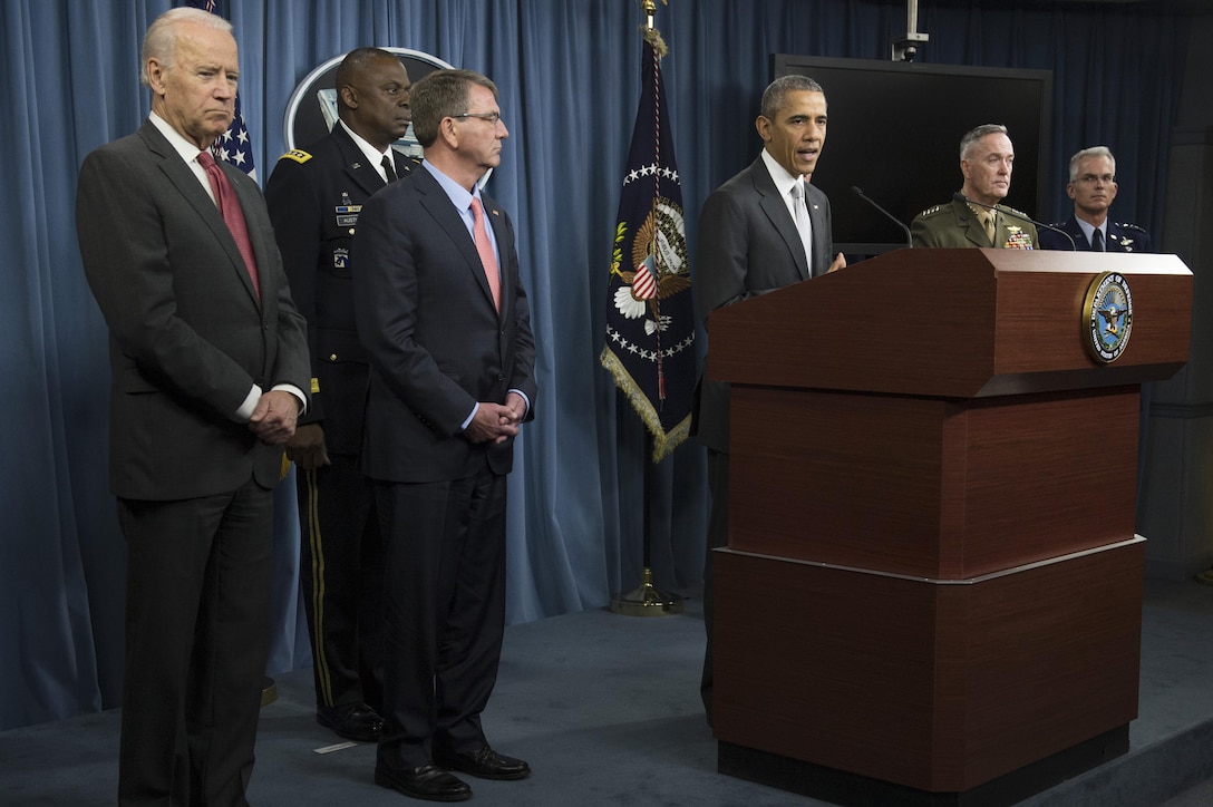 President Barack Obama speaks to reporters at the Pentagon, Dec. 14, 2015, after a meeting with the National Security Council about the fight against the Islamic State of Iraq and the Levant. DoD photo by Air Force Senior Master Sgt. Adrian Cadiz