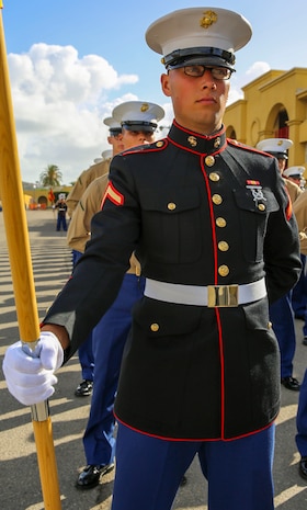 Private First Class Tanner J. Olson, Platoon 3261, Mike Company, 3rd Recruit Training Battalion, stands at parade rest prior to graduation at Marine Corps Recruit Depot San Diego, Dec. 11. Olson is a Parker, Colo., native and was recruited out of Recruiting Station Denver. Today, all males recruited from west of the Mississippi are trained at MCRD San Diego. The depot is responsible for training more than 16,000 recruits annually.