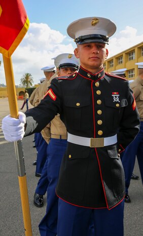 Private First Class Hayden R. Hansen, Platoon 3262, Mike Company, 3rd Recruit Training Battalion, stands at parade rest prior to graduation at Marine Corps Recruit Depot San Diego, Dec. 11. Hansen is a Rapid City, S.D., native and was recruited out of Recruiting Station Sioux Falls. Today, all males recruited from west of the Mississippi are trained at MCRD San Diego. The depot is responsible for training more than 16,000 recruits annually.
