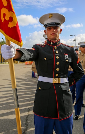 Private First Class Tyler S. Klekamp, Platoon 3263, Mike Company, 3rd Recruit Training Battalion, stands at parade rest prior to graduation at Marine Corps Recruit Depot San Diego, Dec. 11. Klekamp is a McKinney, Texas, native and was recruited out of Recruiting Station Dallas. Today, all males recruited from west of the Mississippi are trained at MCRD San Diego. The depot is responsible for training more than 16,000 recruits annually.