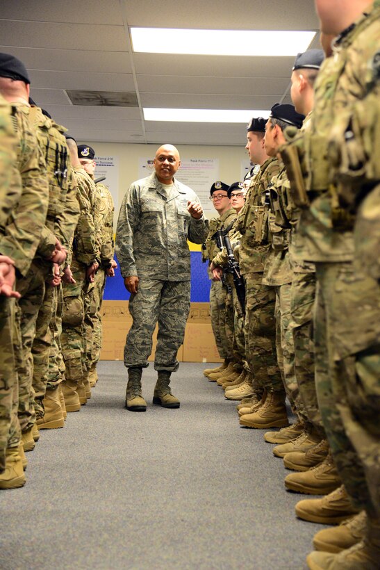 Maj. Gen. Tony Cotton, 20th Air Force commander, visits Airmen from the 341st Missile Security Forces Squadron Dec. 7, 2015, at Malmstrom Air Force Base, Mont. Cotton introduced himself to the Airmen during guardmount and took the opportunity to discuss his views on the nation’s defense. Cotton is a former 341st Missile Wing commander, and now leads the nation's land based intercontinental ballistic missile force. (U.S. Air Force photo/Airman 1st Class Magen M. Reeves)