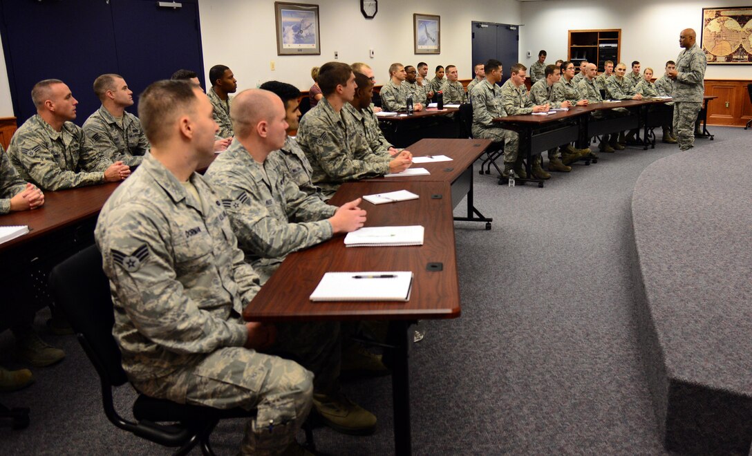 Maj. Gen. Tony Cotton, 20th Air Force commander, discusses his views on the nation’s defense Dec. 7, 2015, with students of Airman Leaderships Class 16-B at Malmstrom Air Force Base, Mont. Cotton is a former 341st Missile Wing commander, and now leads the nation's land based intercontinental ballistic missile force. (U.S. Air Force photo/Airman 1st Class Magen M. Reeves)