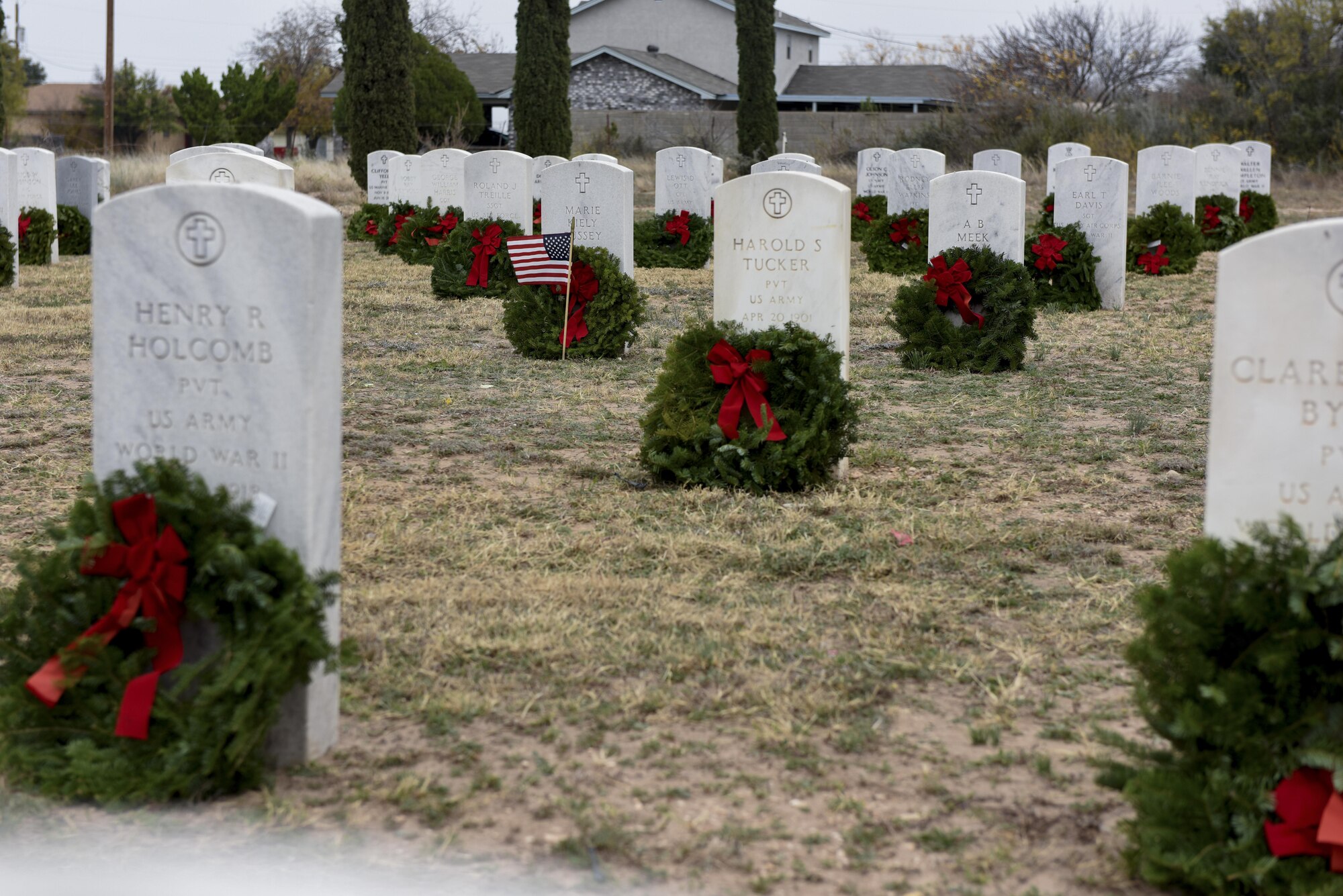 Wreaths from the Wreaths Across America ceremony lay at the Belvedere Cemetery in San Angelo, Texas, Dec. 12, 2015. The ceremony was to honor and give thanks to all deceased veterans. (U.S. Air Force photo by Airman Chase Sousa/Released)