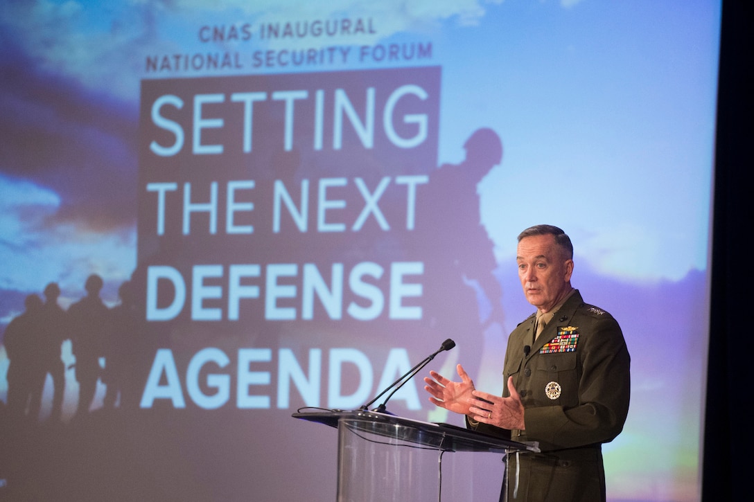 Marine Corps Gen. Joseph F. Dunford Jr. chairman of the Joint Chiefs of Staff, speaks at the Center for a New American Security's National Security Forum in Washington, D.C., Dec. 14, 2015. The center titled it's program "Setting the Next Defense Agenda." DoD photo by D. Myles Cullen