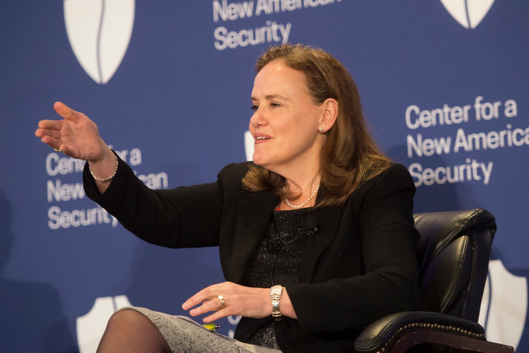 Michele Flournoy, former undersecretary of defense for policy,  moderates a discussion at the Center for a New American Security's  National Security Forum in Washington, D.C., Dec. 14, 2015. DoD photo by D. Myles Cullen