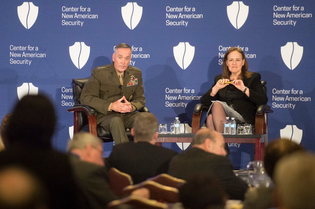 Marine Corps Gen. Joseph F. Dunford Jr., chairman of the Joint Chiefs of Staff, speaks while Michele Flournoy, former undersecretary of defense for policy, moderates the discussion at the Center for a New American Security's National Security Forum in Washington, D.C., Dec. 14, 2015. DoD photo by D. Myles Cullen 