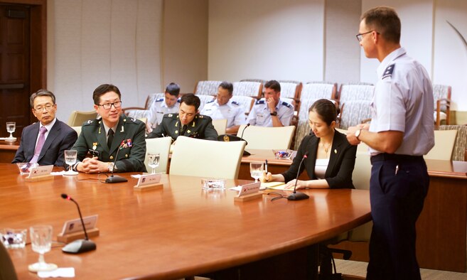 Republic of Korea Army Brig. Gen. Park, Moon Sik, Director of National Assembly Cooperation, speaks with U.S. Air Force Maj. Gen. Mark C. Dillon, Pacific Air Forces vice commander, during a question and answer session which was part of ROK's National Assembly Defense Committee's visit to PACAF, Joint Base Pearl Harbor-Hickam, Hawaii, Dec. 14, 2015. Park and Dillon discussed U.S. and ROK defense policy issues aimed at strengthening and enhancing both nations' capabilities and readiness during crises. (U.S. Air Force photo by Tech. Sgt. James Stewart/Released)