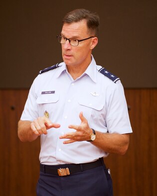 U.S. Air Force Maj. Gen. Mark C. Dillon, Pacific Air Forces vice commander, participates in a question and answer session during the Republic of Korea's National Assembly Defense Commitee's visit to PACAF, Joint Base Pearl Harbor-Hickam, Hawaii, Dec. 14, 2015. Dillon discussed U.S. and ROK defense policy issues to strengthen and enhance both nations' capabilities and readiness during crises. (U.S. Air Force photo by Tech. Sgt. James Stewart/Released)