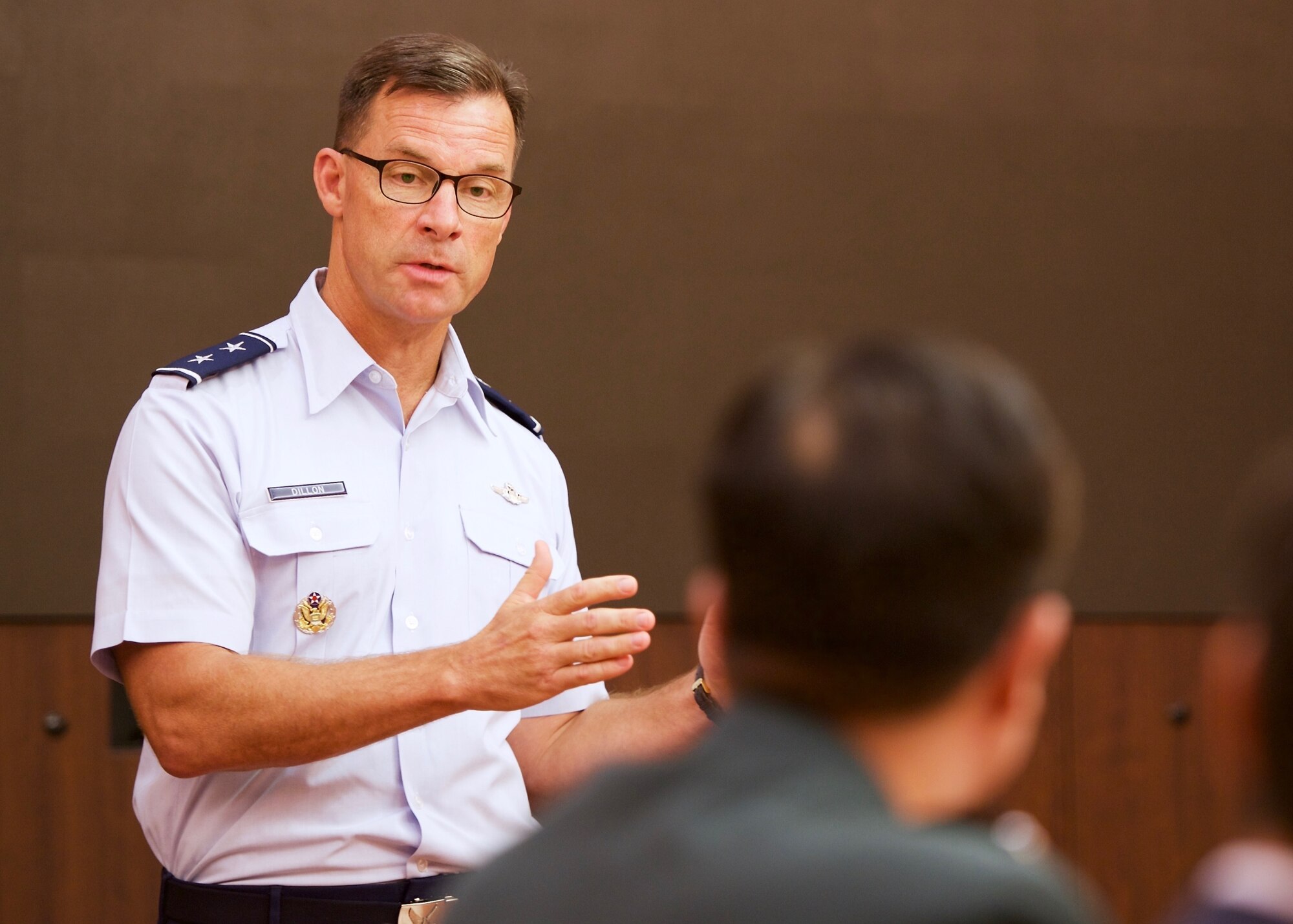 U.S. Air Force Maj. Gen. Mark C. Dillon, Pacific Air Forces vice commander, participates in a question and answer session during the Republic of Korea's National Assembly Defense Commitee's visit to PACAF, Joint Base Pearl Harbor-Hickam, Hawaii, Dec. 14, 2015. Dillon discussed U.S. and ROK defense policy issues to strengthen and enhance both nations' capabilities and readiness during crises. (U.S. Air Force photo by Tech. Sgt. James Stewart/Released)