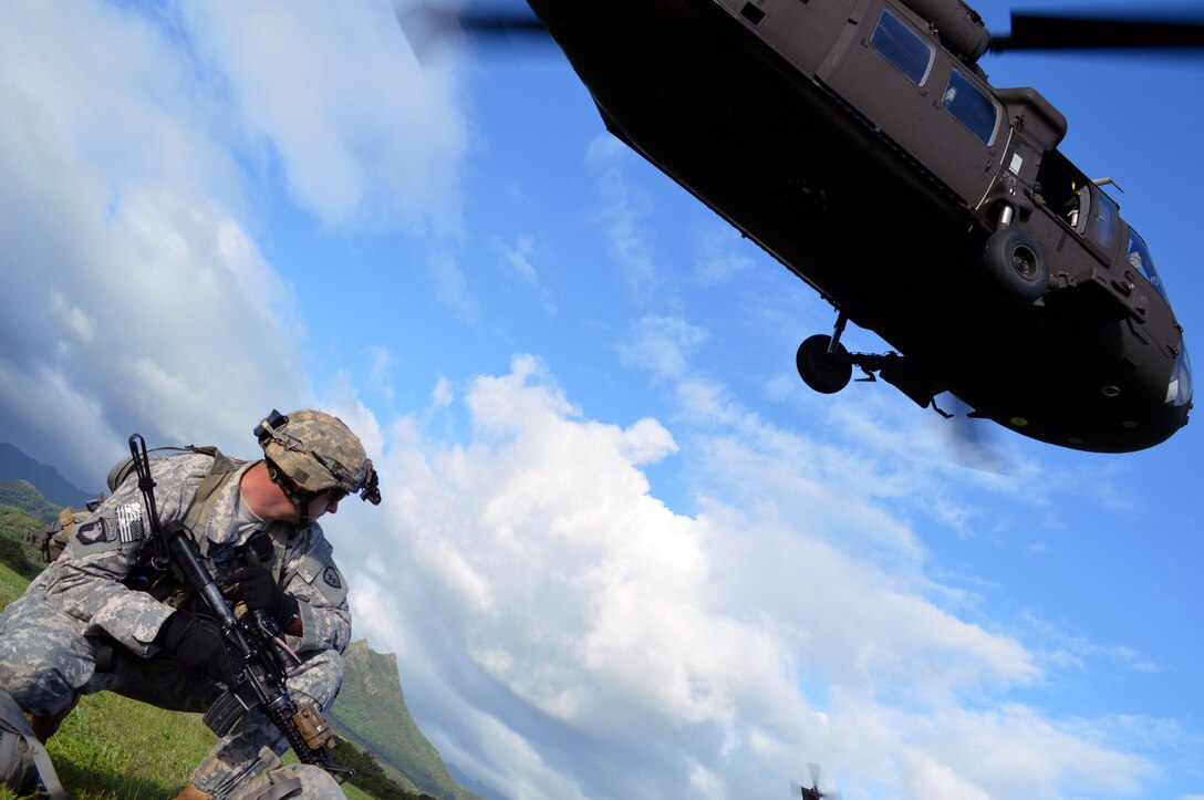 Army Sgt. 1st Class William Henderson stands guard as a UH-60 Black Hawk helicopter takes off from Marine Corps Training Area Bellows, Hawaii, Dec. 2, 2015. Henderson is a platoon sergeant assigned to the 25th Infantry Division's Company B, 2nd Battalion, 35th Infantry Regiment, 3rd Brigade Combat Team. U.S. Army photo by Staff Sgt. Armando Limon