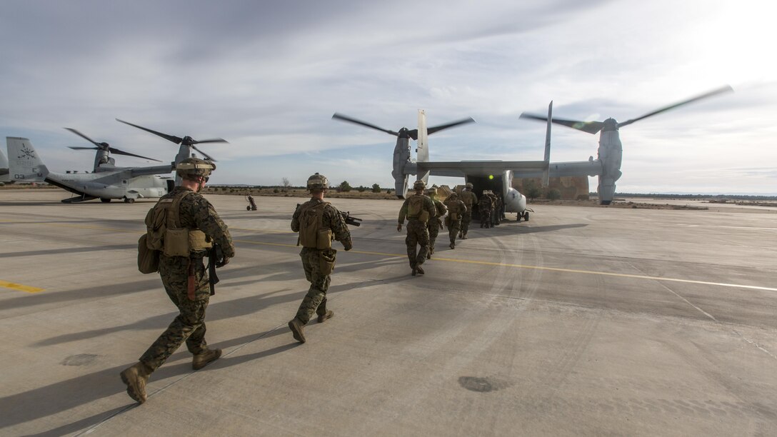 U.S. Marines with Special-Purpose Marine Air-Ground Task Force Crisis Response-Africa load up an MV-22B Osprey during a tactical recovery of aircraft and personnel exercise, Dec. 7, 2015, at Los Llanos Air Base, Spain. The training is part of the Tactical Leadership Programme month-long course, a collaboration of 10 NATO nations training future flight commanders.  