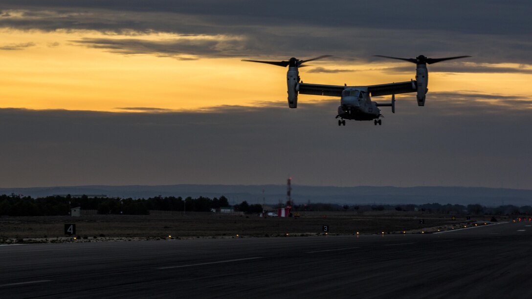 An MV-22B Osprey with Special-Purpose Marine Air-Ground Task Force Crisis Response-Africa lands aboard Los Llanos Air Base, Spain, Dec. 7, 2015. The Marines participated in a Tactical Recovery of Aircraft and Personnel training exercise, recovering a simulated downed French pilot and flying him to safety. 