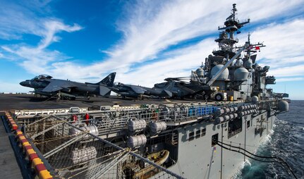 PACIFIC OCEAN (Dec. 10, 2015) Amphibious assault ship USS Boxer (LHD 4) sails alongside fleet replenishment oiler USNS Guadalupe (T-AO 200). The Boxer Amphibious Ready Group (ARG) is underway off the coast of Southern California completing a certification exercise (CERTEX). CERTEX is the final evaluation of the 13th MEU and Boxer ARG prior to deployment and is intended to certify their readiness to conduct integrated missions across the full spectrum of military operations. (U.S. Navy photo by Mass Communication Specialist 1st Class Douglas Bedford