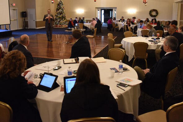 Dr. Michael Dunsmore, Wayne County Public Schools superintendent, gives a brief during the Wayne County Public Schools Principals’ Meeting, Dec. 9, 2015, at Seymour Johnson Air Force Base, North Carolina. Dunsmore discussed some of the major issues facing WCPS and public education in general. (U.S. Air Force photo/Senior Airman Brittain Crolley)