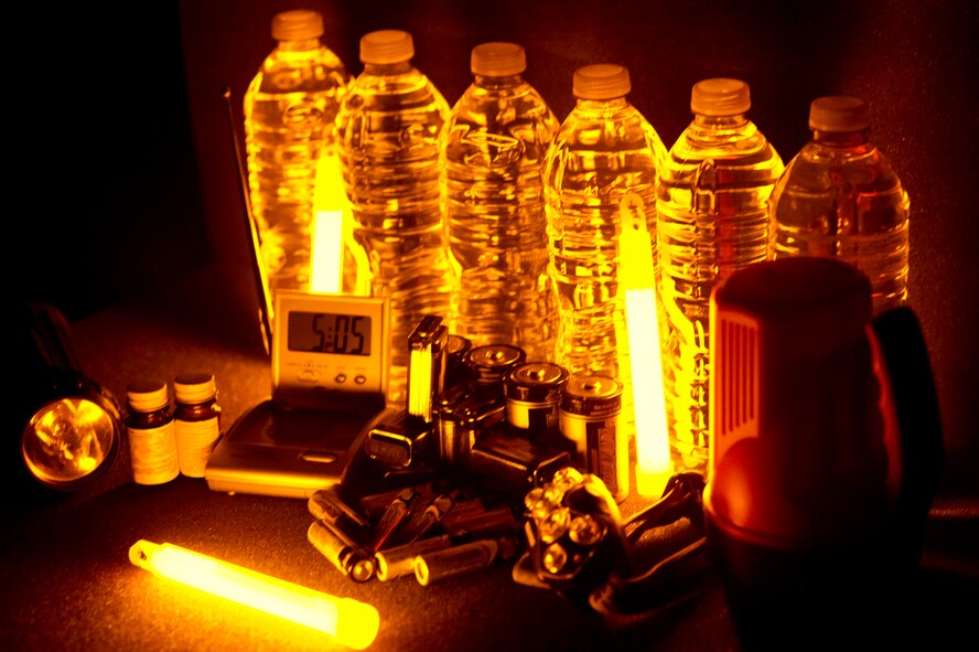 Emergency supplies vary based on individual preference. Everyone is encouraged to do research and find what works for their personal needs. Emergency supplies can consist of three days’ supply of food and water, flashlights, extra batteries, water purification tablets, glow sticks and an AM-FM radio. (U.S. Air Force photo/Airman 1st Class Sean Campbell)