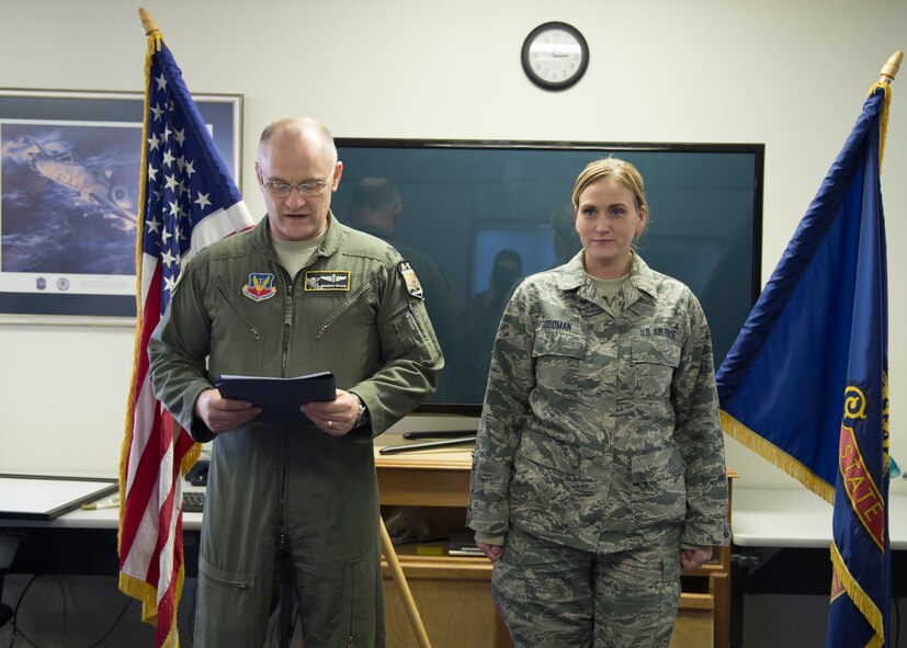 Staff Sgt. Kelly Goodman is recognized as Outstanding Aerospace Medicine NCO of the Year for the 2015 Air National Guard Medical Services Annual Awards program at Gowen Field, Boise, Idaho on Dec. 5, 2015. This program exists to recognize Airmen whose outstanding actions improve the delivery of health care and contribute to expeditionary medical operations for our Air Force Personnel worldwide.